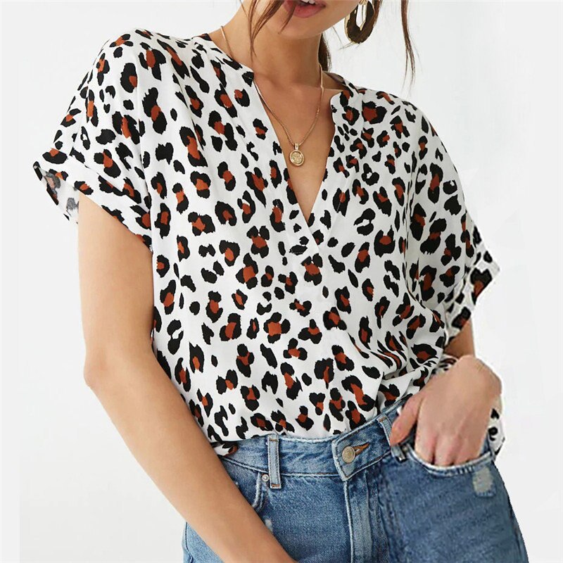 Kvinder bluser leopard print kortærmet skrue ned krave bluse damer skjorter b tunika plus størrelse blusas chemisier femme