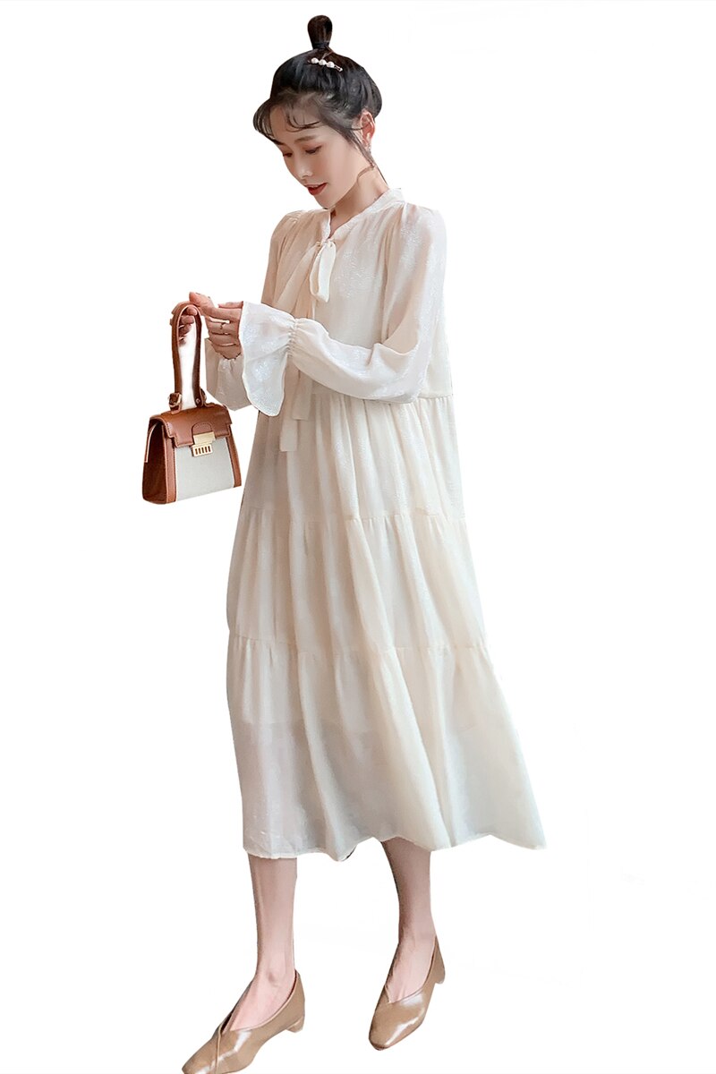 8113 Spring Korean Maternity Maxi Long Dress Plus Size Loose Clothes for Pregnant Women Sweet Long Sleeve Pregnancy