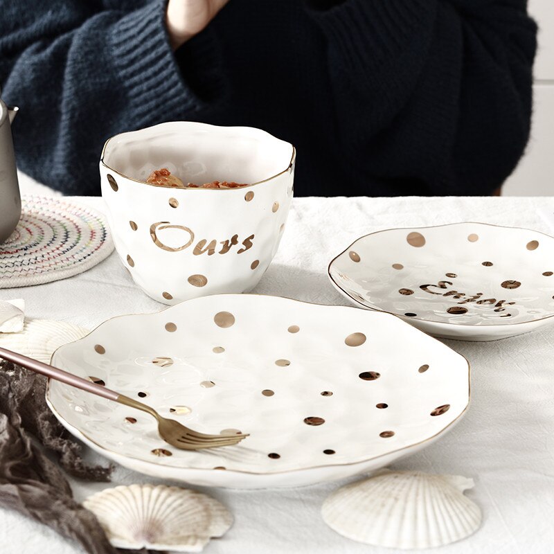European Style Golden Wave Point Dinner Plate Ceramic Roundness Dish Salad Flat plate Steak Pasta Dish Home Restaurant Tableware