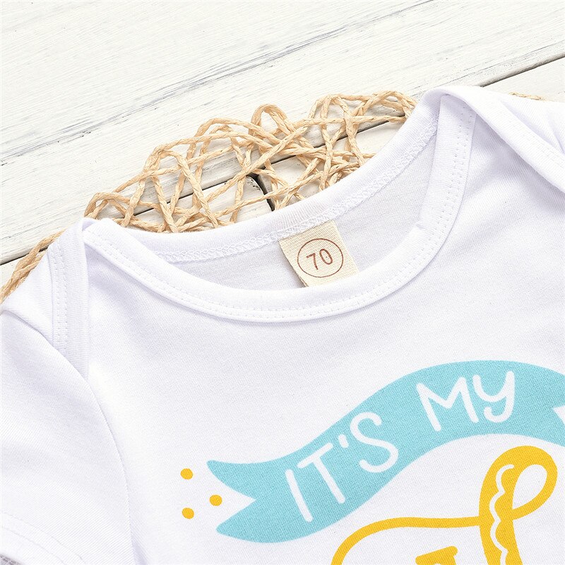 Geboren Baby Geribbelde Brief Print Romper, Peuter Jongen Meisje O-hals Korte Mouw Half Verjaardag Print Top