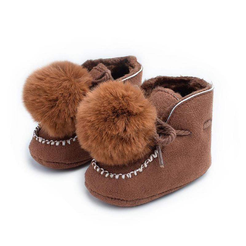 Thicken Baby Boots Lace-Up Lovely Pompon Non-slip Snow Prewalker Soft Coral Fleece Toddler Solid Color Winter Warm Shoes: Brown / 13