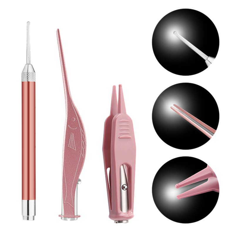 3 stk ear pick ear wax fjerningsverktøy med led-lys - ear spoon digger & pinzers for ear health care & nese cleaning pick nippe