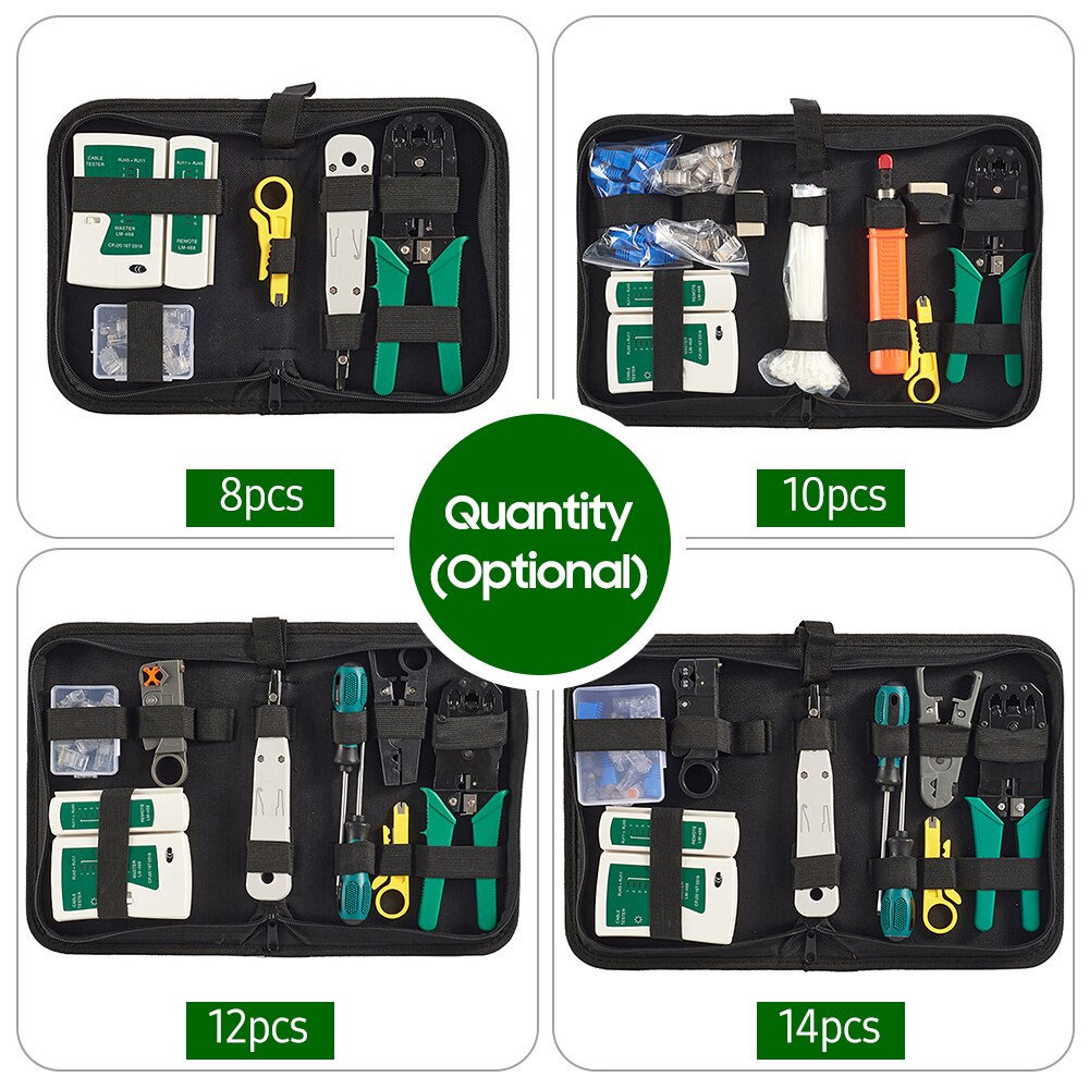 14PCS/Kit Network Cable Tester Network Wire Strippers &amp; Cable Tester &amp; Stripping Wire Cutter &amp; Modular Plug with Storage Pouch