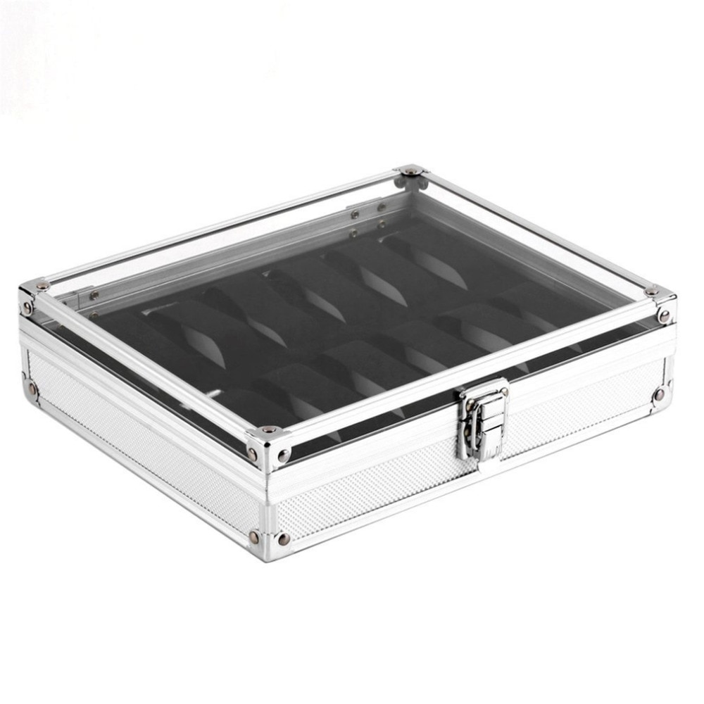 12 Grids Slots Aluminium Watches Box Jewelry Display Storage Square Case Suede Inside Container Watch Casket