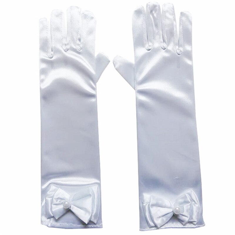 Princesa meninas luvas longas crianças vestido acessórios do bebê luvas de cetim com arco dia das crianças meninas presentes: White wedding gloves