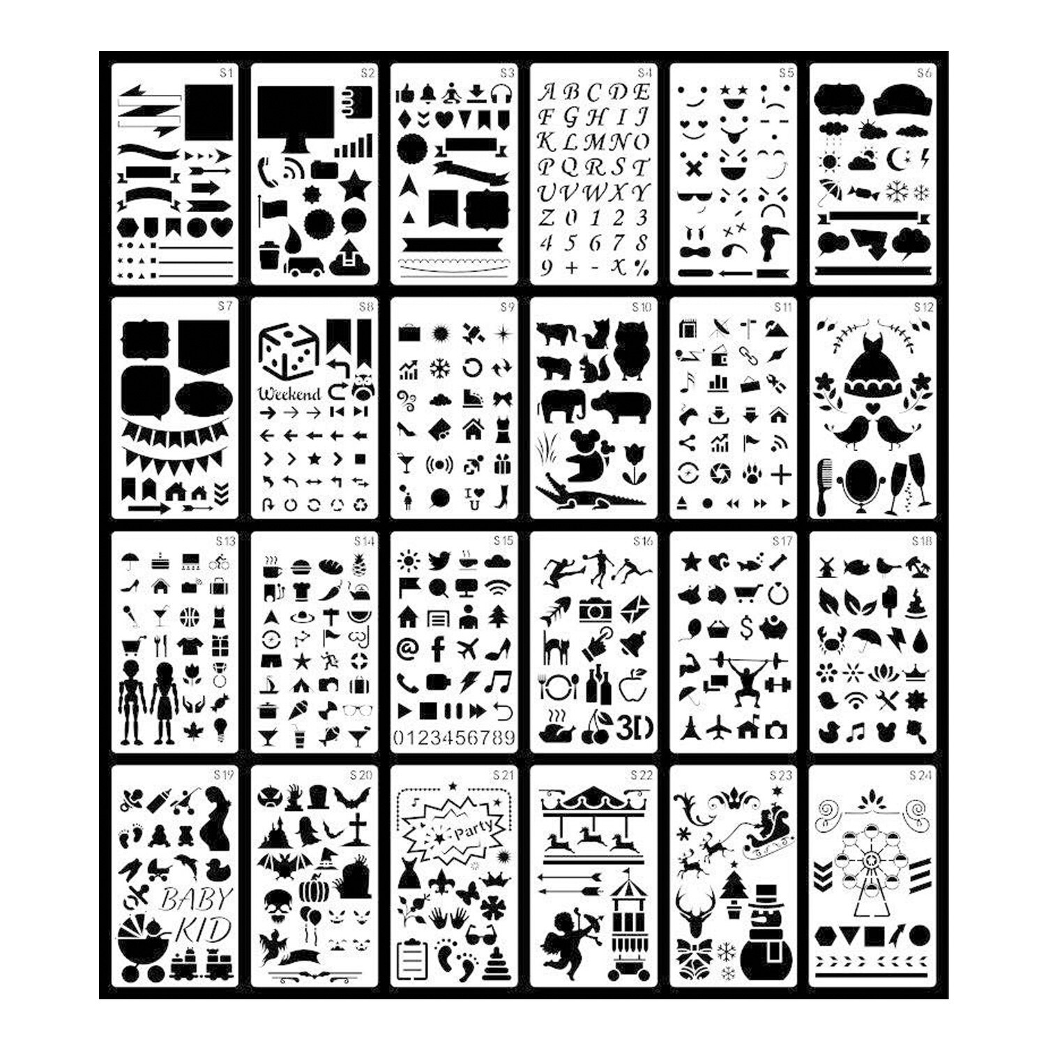 24 Sheets Drawing Painting Stencils Templates Set for Kids Children DIY Craft Journal Photo Album Scrapbook Diary Art Projects