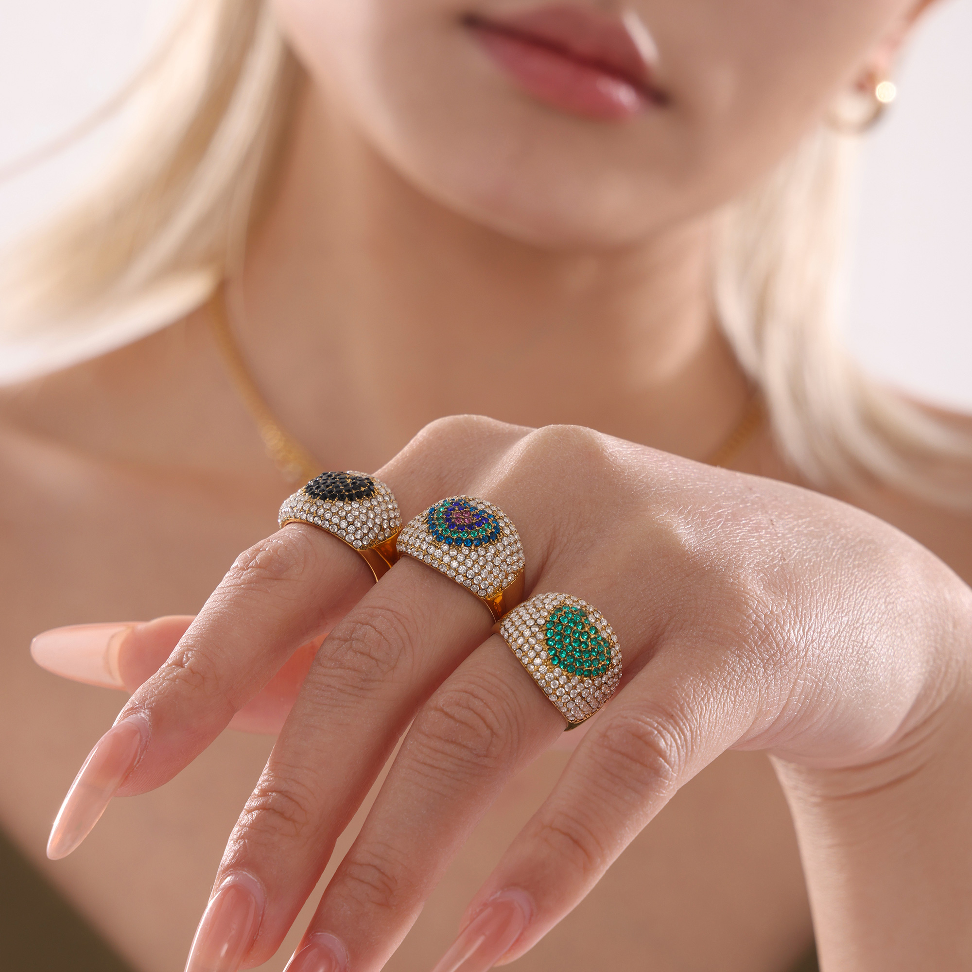 Bague épaisse en acier inoxydable plaqué or pour femmes, en forme de cœur, Zircon coloré, de luxe, pour Couple, bijoux d'été assortis