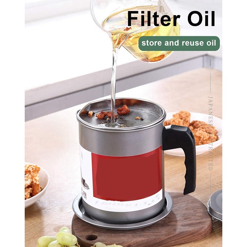 Bac à graisse avec tamis, Pot à huile en acier inoxydable, pour stockage huile de cuisson ou de friture,(1.7L)
