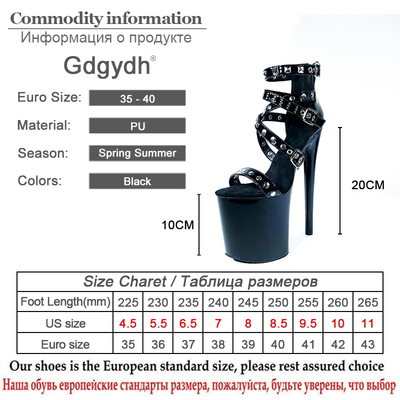 Gdgydh Sexy Rivet Extreme High Heels Platform Club Height 20 cm Black Gothic Sandals For Party Dance Shoes Patent Leather