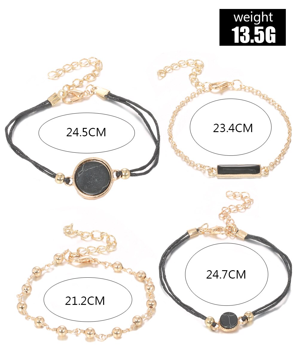 4 Pz/set Della Boemia Nero Rotondo di Cristallo Geometrica Borda I Braccialetti Per Le Donne Catena In Pelle Bracciale In Oro Set Monili di Personalità