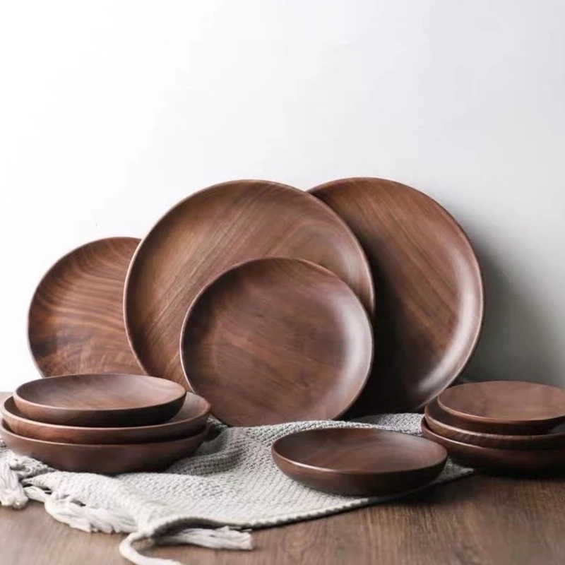 Assiettes rondes en noyer noir, vaisselle en bois, pour dîner, Dessert, thé, stockage des aliments