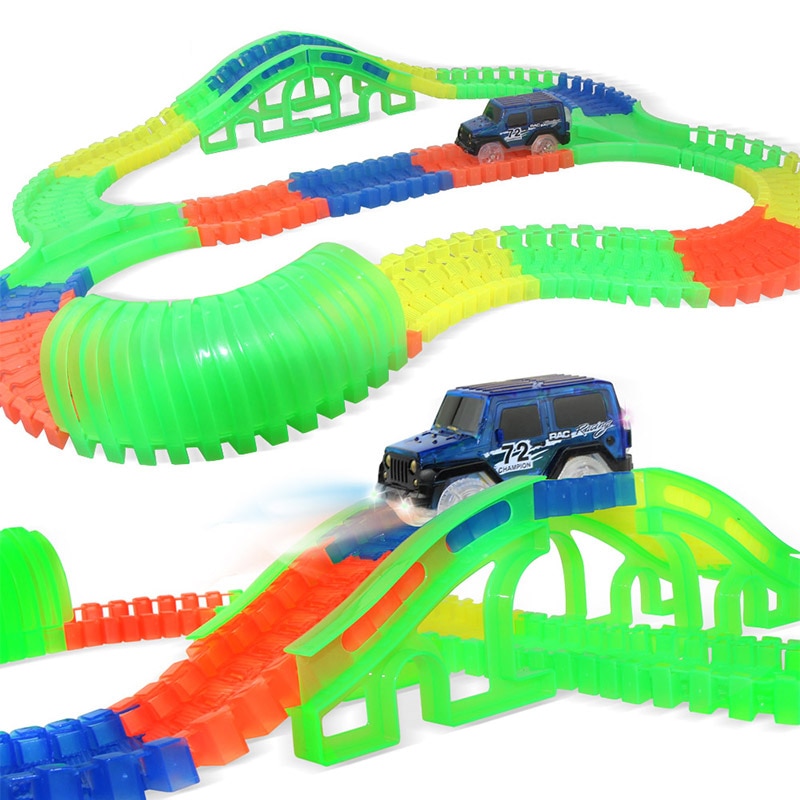 DIY Magical Glowing Racing Track Set with LED Car Flexible Racing Tracks Railway Educational Car Toys for Boys Children >