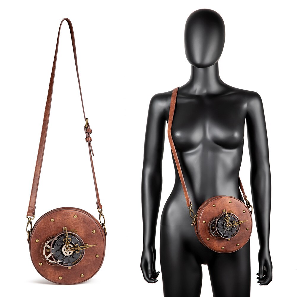 Steampunk sac bandoulière femme cuir PU style rétro rond moto sac femme: Default Title