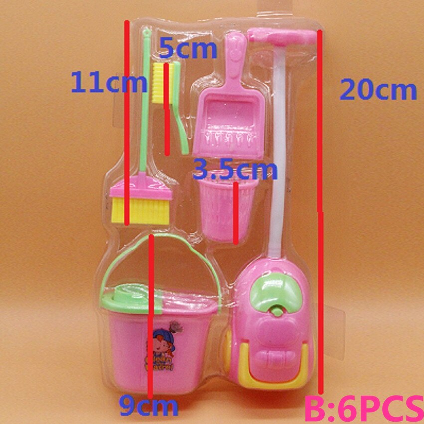 9 stk dukketilbehør rengøring feje moppe kost børste støvpande legetøj legesæt husholdning legetøj foregive legeværktøjer: 6 stk tilfældig farve