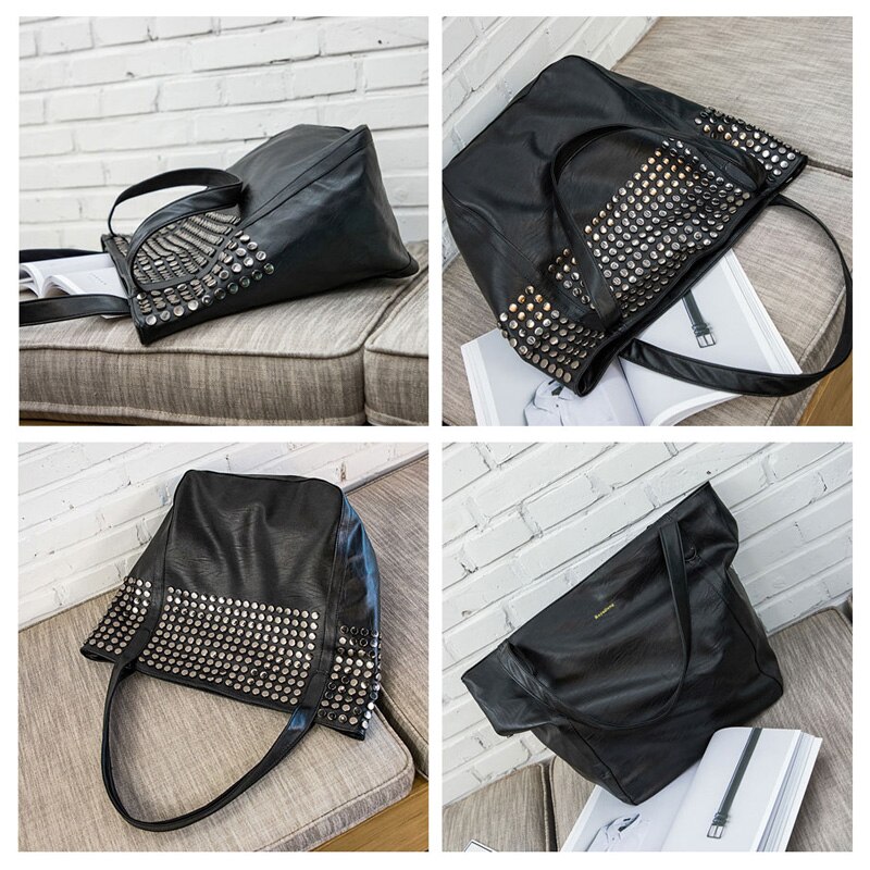 Rivet Women Pu Leather HandBags Female Lady Larger Capacity Famous Shoulder Bag Black