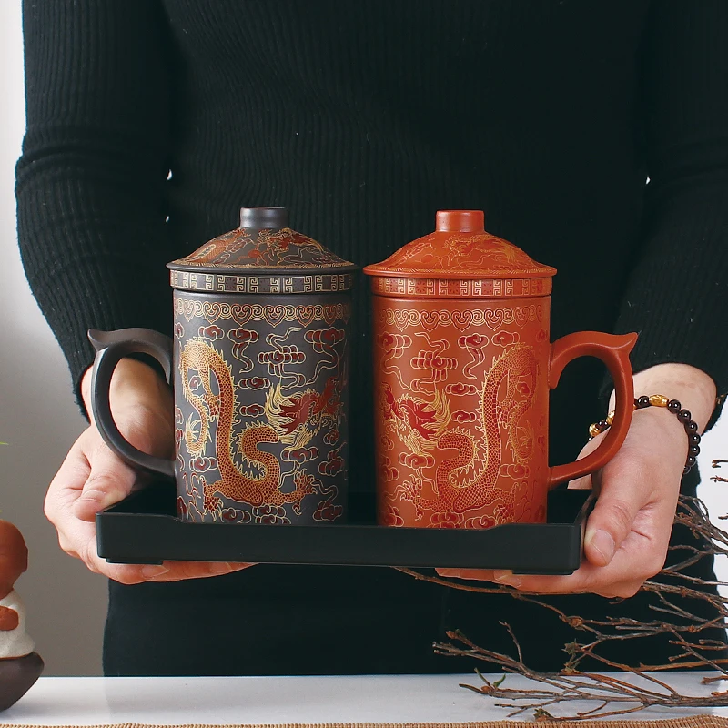 Retro Traditionele Chinese Draak Phenix Paarse Klei Thee Mok met Deksel Zetgroep Handgemaakte Yixing Zisha Thee Cup 300ml Theekopje Mok