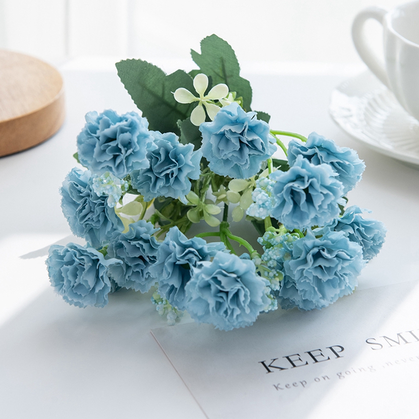 15 cabezas, flores artificiales, Clavel pequeño para Navidad, corona de costura para el hogar, artesanía, decoración de arco de boda, flor artificial: Azul