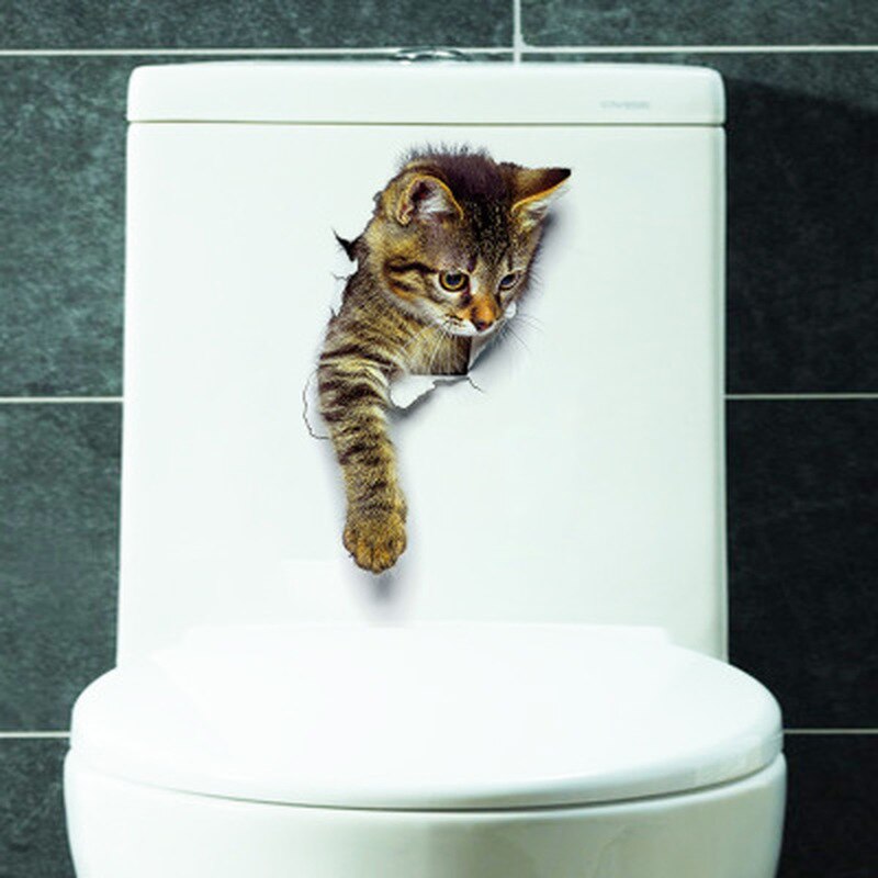 Yeni DIY 3D sevimli kedi köpek tuvalet duvar çıkartmaları banyo su geç