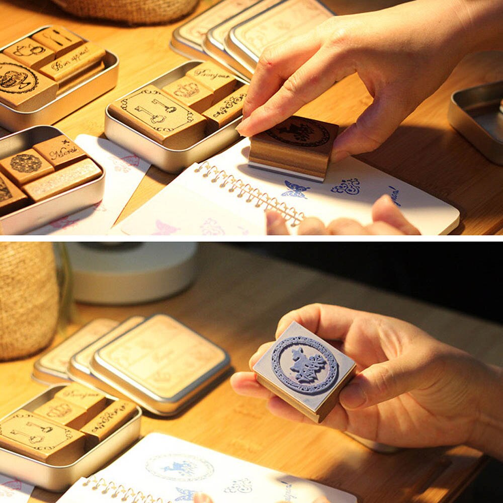 Trästämplar happy time style gummistämpel set dagbok järn box & diy 1 st