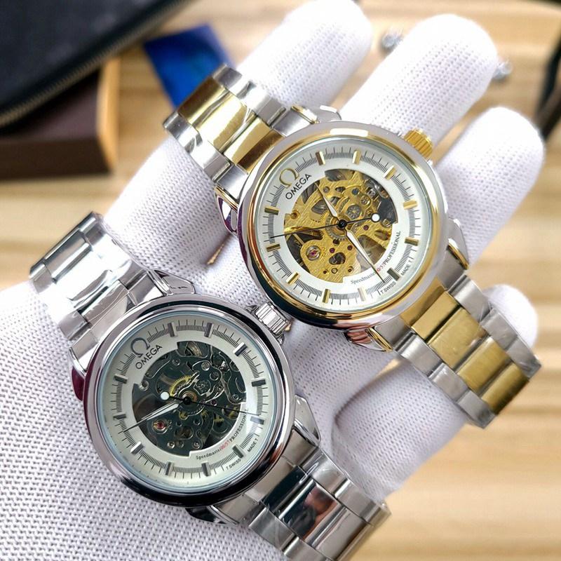 Omega- Brand Automatische Mechanische 007 Horloges Mannen Waterdichte Skeleton Polshorloge Met Vrouwen Mannen Lederen Band