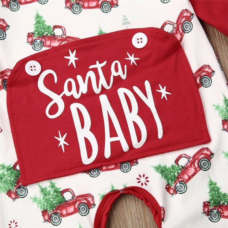 Newborn Baby Boys Girls Christmas Romper Long Sleeve Cartoon Christmas Tree And Car Print Jumpsuit Clothes Outfits Pants