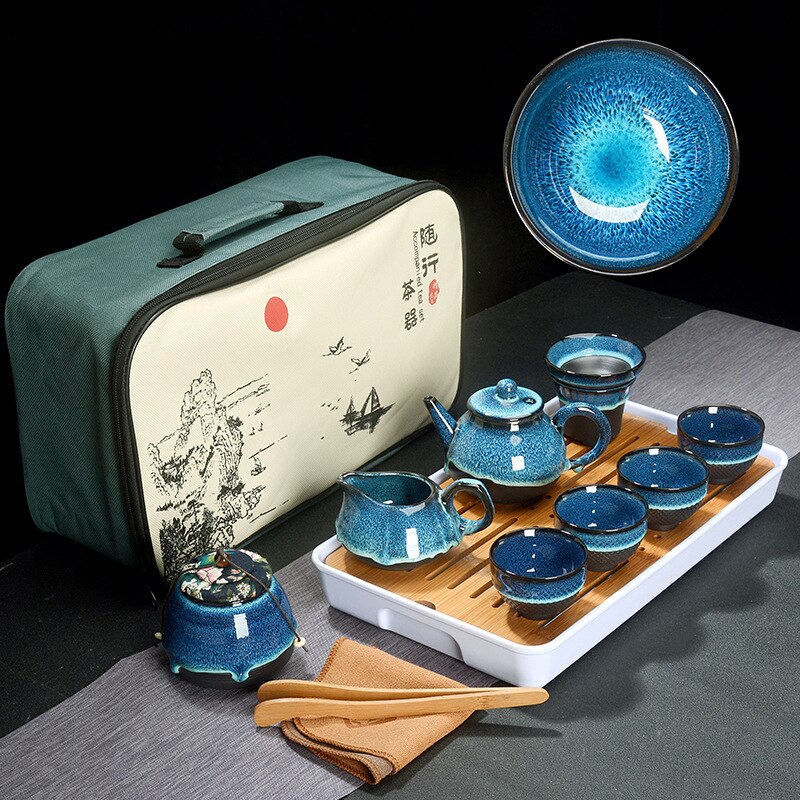Kinesisk te sett blå rav glasur keramisk jingdezhen temmoku glasur utsøkt sett kung fu te kopp bærbar tekanne gaiwan te kopper: Stil b