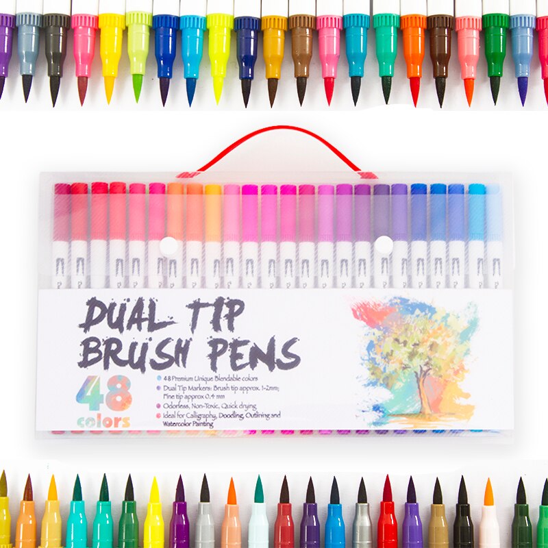 12/24/36/48/72/100/120 dobbeltspids vandfarve kunstmarkør, pensel highlighter pen til håndbogstaver skitsering note: 48 farver hvid