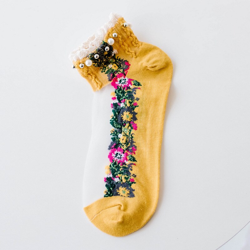 Spring Summer Retro Ankle Socks Pearl LIttle Floral Sock Mesh Patchwork Breathable Cotton Scck Cute Soft National style Hosiery: Yellow