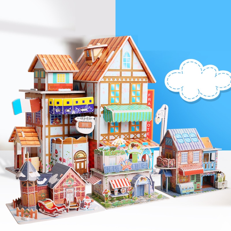 Puzzle 3D fai-da-te castello modello Cartoon House assemblaggio giocattolo di carta Kid Early Learning modello di costruzione regalo Puzzle per bambini