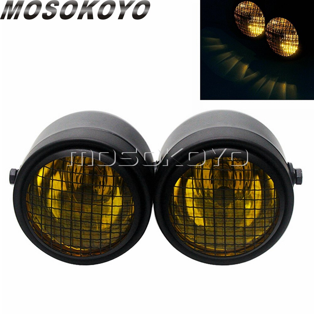 Motorcycle Twin Round Dominator Headlight 3.5" Double Dual Lamp Front Headlamp for Harley Cafe Racer Old School Chopper Bobber: C Black Yellow Mask