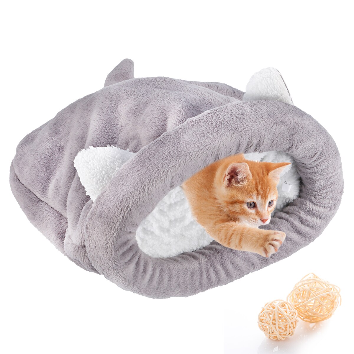 Schattige slaapzak voor katten, warm en comfortabel, premium koraalfleece, bedekt, knuffelbaar bed voor katten, puppy's, konijnen en andere kleine huisdieren: Grijs / M