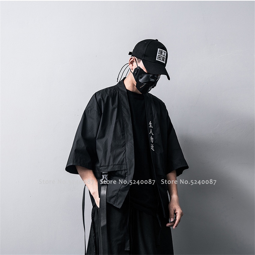 Japanese Harajuku Style Kimono Cardigan Black Jackets Haori Samurai Robes Cosplay Costumes Chinese Hanfu Coat Streetwear