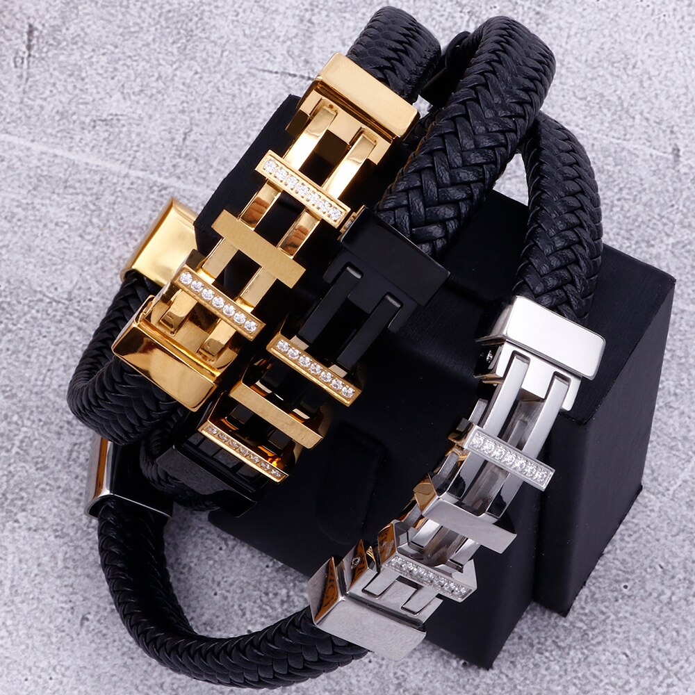 Seil Kette wickeln Leder Armbinde Männer Gold/Schwarz Edelstahl Herren Charme Armbänder Handgemachte Männlichen Schmuck Handgelenk Band männer