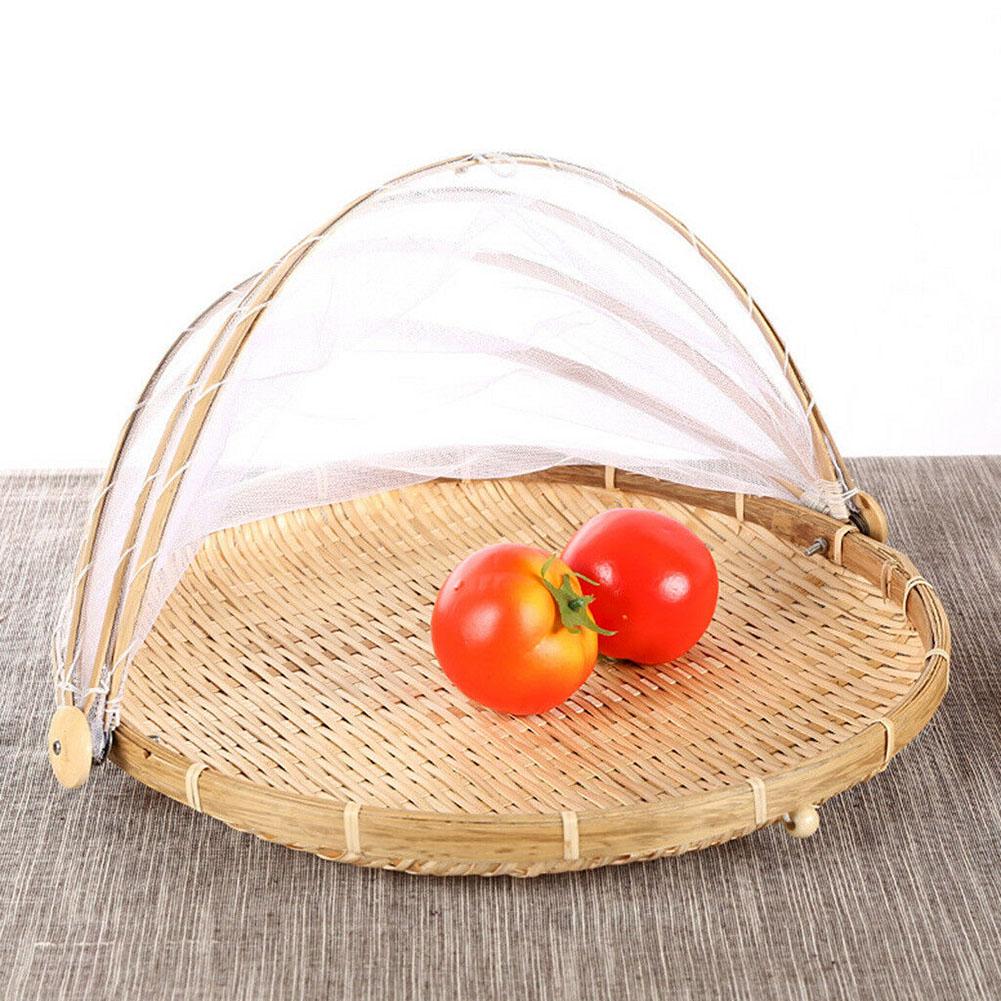 Bambustält korg handvävd bricka anti bug mat frukt behållare nät mesh lock picknick grillfest anti myggnät tält