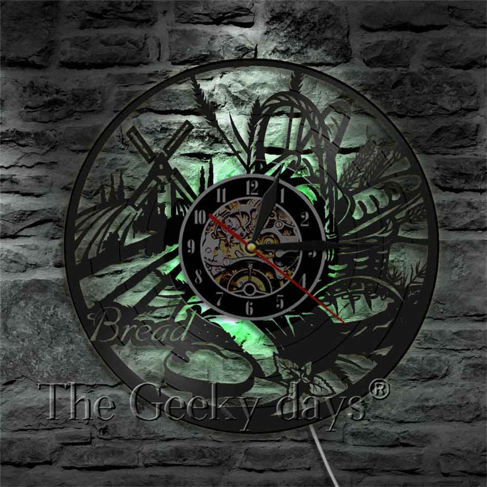 LED Licht Wanduhr Brot Jahrgang Dekorative Uhr Getreide Vinyl aufzeichnen Zauberstab Uhren Uhr Wanduhr Zauberstab Hängen Wohnkultur: 12 Zoll mit LED