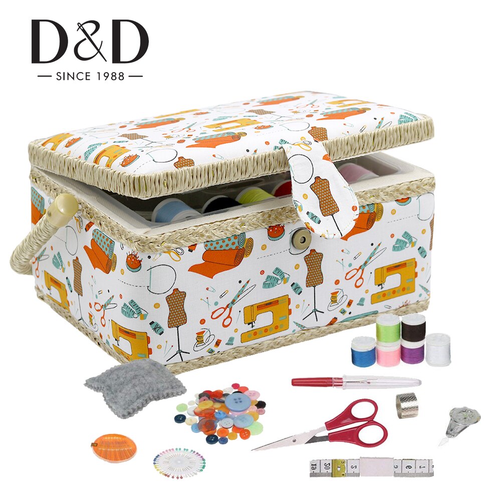 Home Sewing Storage Basket with Sewing Tool Accessories Cotton Fabric&amp;Wood Crafts Storage Box Sewing Kits for Mother