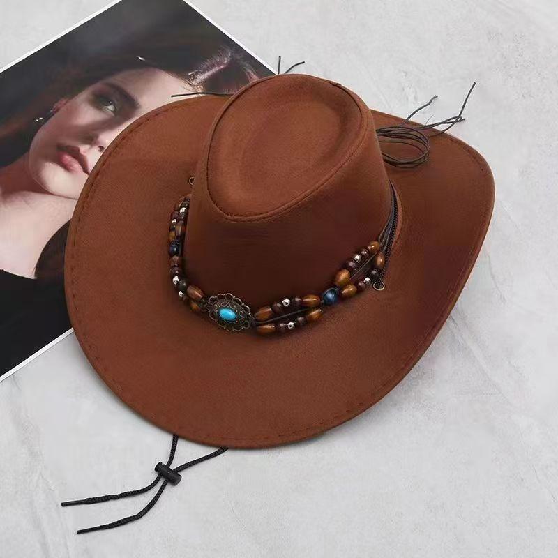 Vintage Tribal Western Cowboy Hat Ethnic Pattern Wide Brim Casual Sun Hat Retro Suede Big-edge Cowgirl Denim Hat for Travel: black