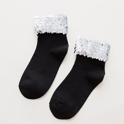 Ropa de calle Chic calcetines de lentejuelas brillantes hechos a mano para mujer. Calcetines cortos informales de Color gris liso para mujer. Calcetines con lentejuelas plateadas para mujer: 001