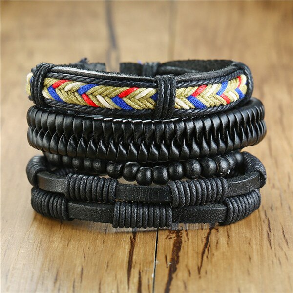 ZORCVENS 4 pieces/ Set Leather Bracelets for Men Braided Rope Wristband Vintage Style Male Bangle: 83354