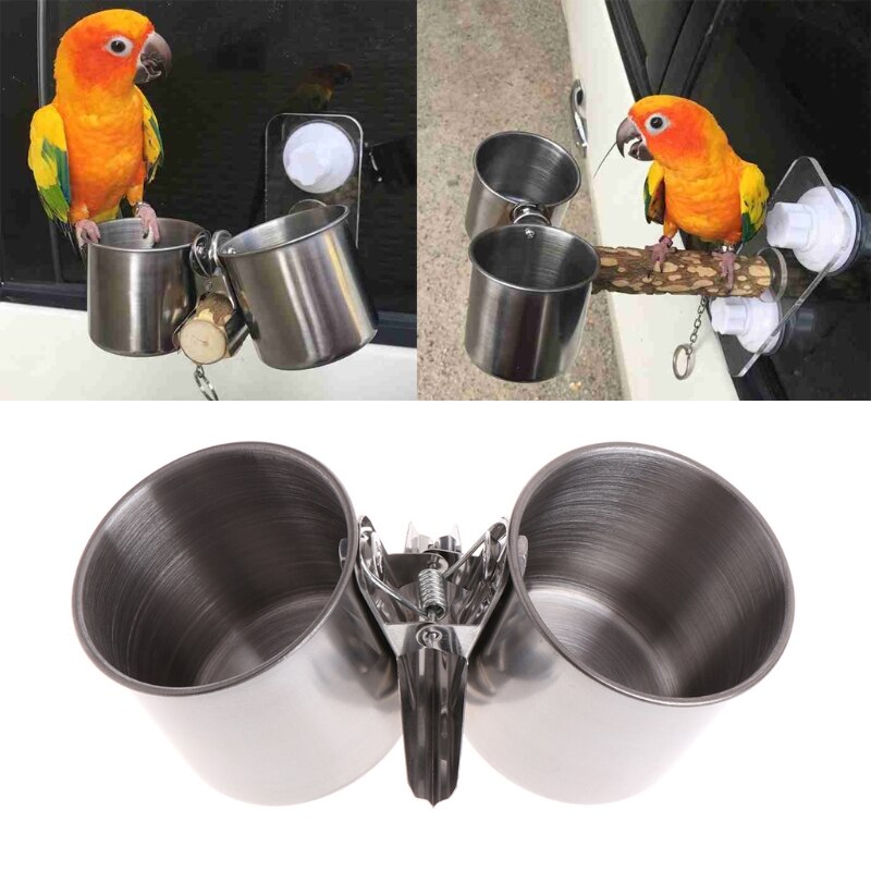 Fuente de alimentación de agua para pájaros, vasos dobles con Clip, soporte de jaula para loros de acero inoxidable P9YB