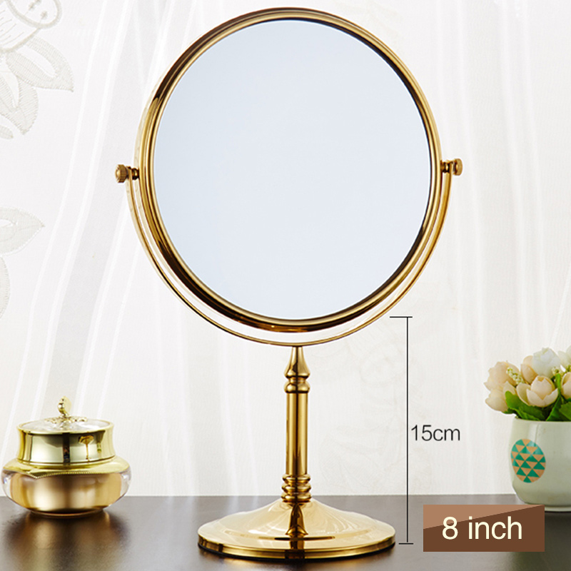 QINGYU ELEVEN 8 inch Soild Brass Bath Mirror European style Wall Mounted Double Sided Adjustable Round Cosmetic Beauty Mirror: Desktop-gold