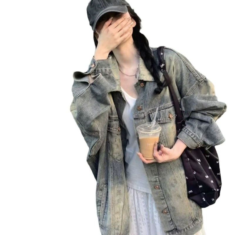 Jas Vrouwen Denim Jassen Kraagvorm Y2k Streetwear Halflange Jassen Moeder Werk Casual Losse Elegante Splice Jas 2025