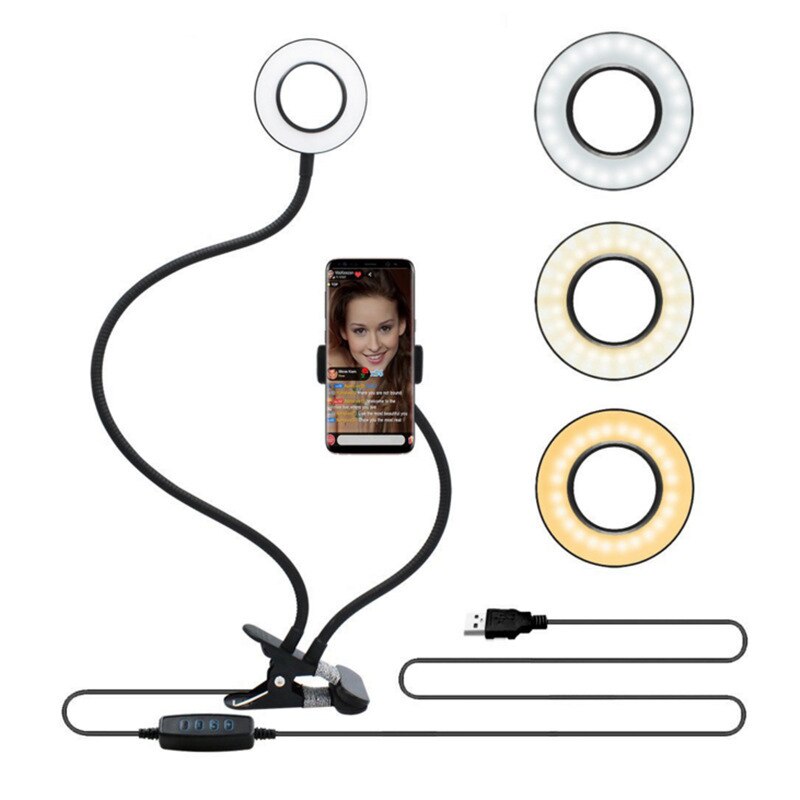 Led Video Fotografie Selfie Ring Licht Dimbare Licht Clip Desktop Licht Verlichting Met Telefoon Houder Usb Ring Lamp Make Selfie