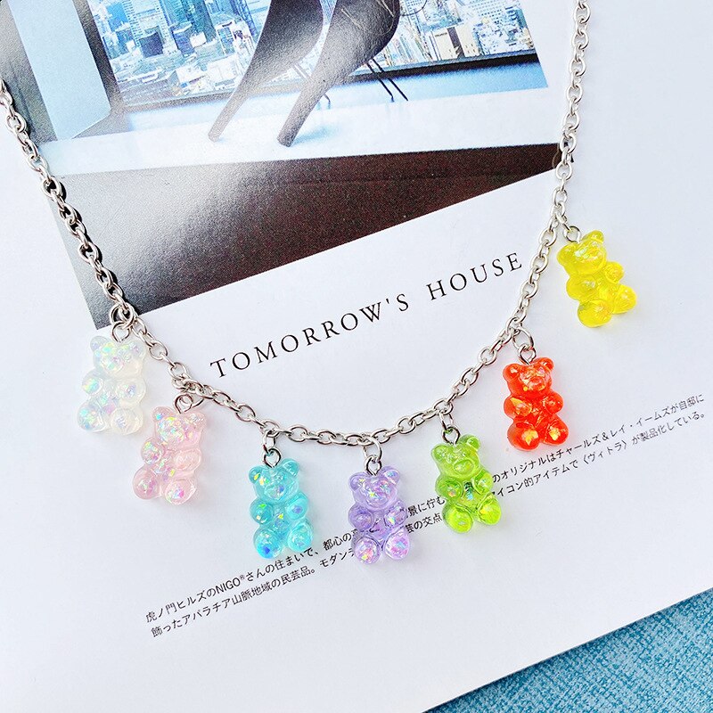 Collier en acier inoxydable fait à la main, 7 couleurs, mignon, ours de bonbons de dessin animé, pendentif de couleur bonbon, bijoux quotidiens pour femmes et filles, de fête