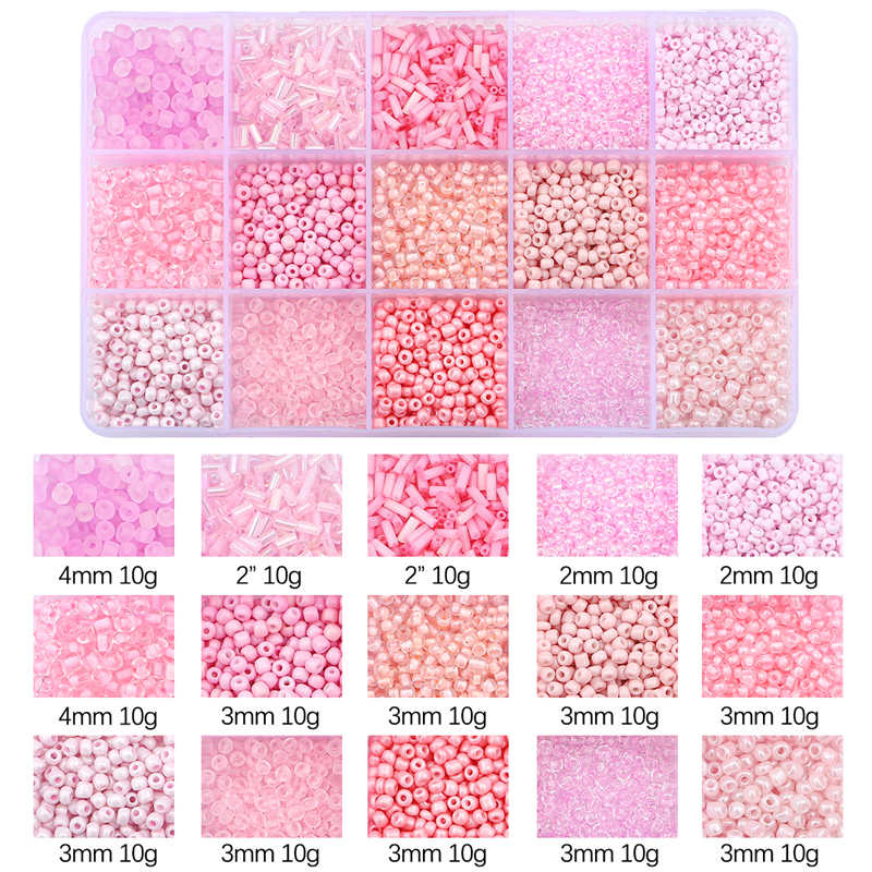 Juego de cuentas de vidrio de 15 colores para hacer pulseras, cuentas espaciadoras sueltas con caja de almacenamiento, Kit de tubos para manualidades, dijes de collares: Rosa