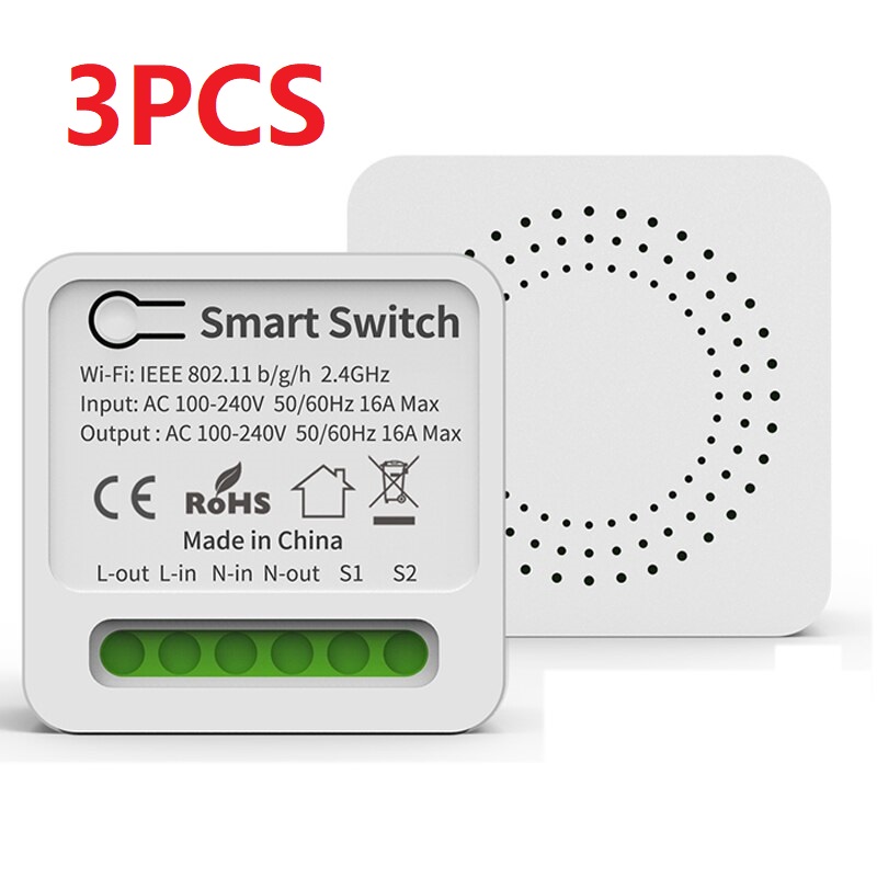 Wifi Mini Smart Switch 16A DIY Light Switch 2 Way Wireless Control Smart Home with Tuya Smart Life Alexa Alice Google Home: Pakiet 3