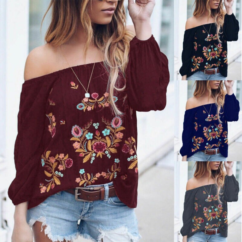 US Plus Size Women Casual T-shirt Flower Top Long Sleeve Off Shoulder Tee Blouse