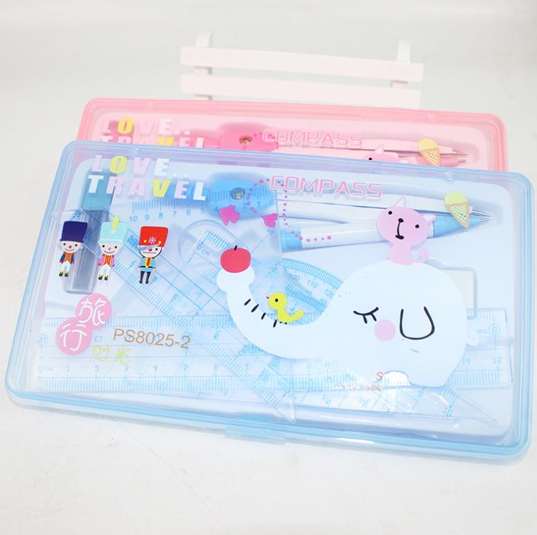 1 Set Cute Drawing Math Compasses Set With Refills/Ruler/Eraser For Drawing Drafting Tools Students Stationery Set