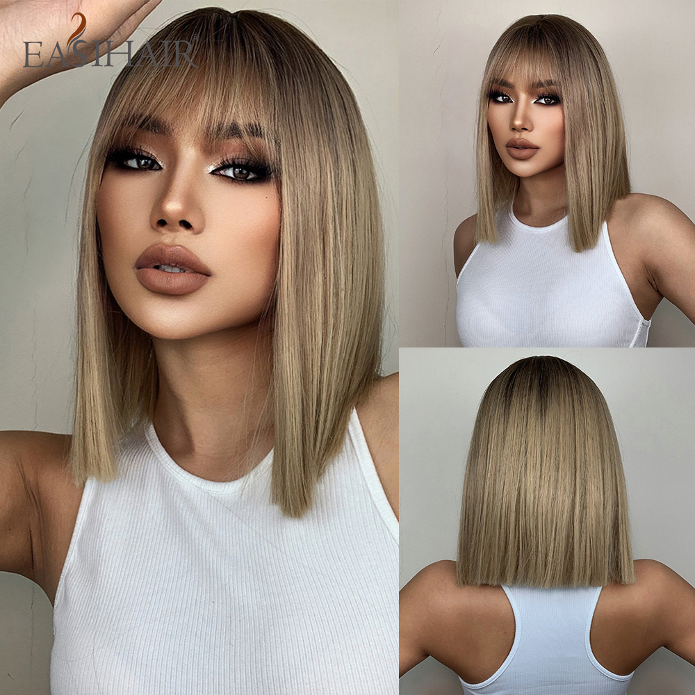 Pelucas sintéticas ombré marrón Rubio para mujer, pelo corto ondulado Bob con flequillo, onda corporal, Cosplay, Lolita, pelo Natural resistente al calor: P4 / 24