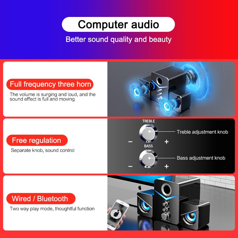 3Pcs Surround Bass Stereo Draagbare Computer Speaker Multimedia Luidsprekers Met Subwoofer Voor Desktop Pc Computer